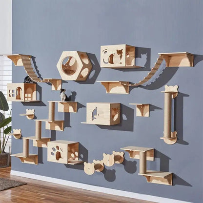 Cat Hammock Set Wall Mounted Cat Climbing Wooden Shelves and Jumping Platform Scratching Post for Cat Playing and Sleeping