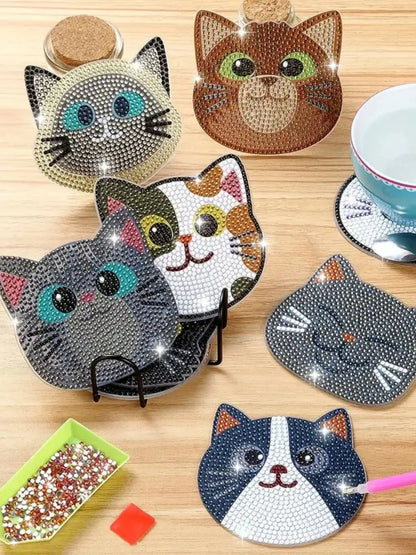10pcs Diamond Painting Coasters Set, DIY Cartoon Cat Pattern Round Coasters 10x10cm/3.93x3.93in