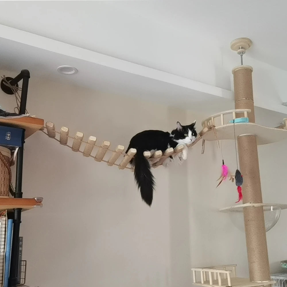 Cat Wall Furniture Wooden and Sisal Climbing Shelves Stairway and Ladder Cat Bridge Scratching Post for Grinding Claws and Rest
