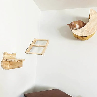 1Pc Wall Mounted Cat Hammock Ladder and Platform Moon Shaped Wooden Climbing Shelf Cats Furniture for Kitty Playing and Sleeping