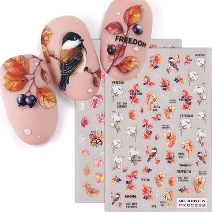 2pcs/set Autumn Maple Leaf Nail Art Sticker Bird Cotton Squirrel Mushroom Pumpkin Design Nail Decal Sliders Manicure Decoration