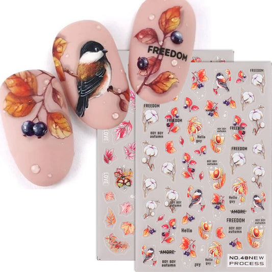 2pcs/set Autumn Maple Leaf Nail Art Sticker Bird Cotton Squirrel Mushroom Pumpkin Design Nail Decal Sliders Manicure Decoration