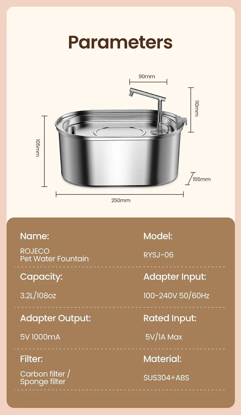 Stainless Steel Cat Water Fountain Automatic Pet Drinker Drinking Fountain For Cats Dogs Drinking Bowl with Replaceable Filter