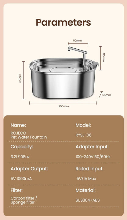 Stainless Steel Cat Water Fountain Automatic Pet Drinker Drinking Fountain For Cats Dogs Drinking Bowl with Replaceable Filter