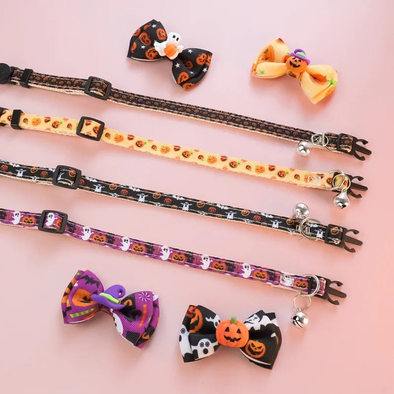 Bow Knot Halloween Pet Dog Collar Pumpkin Witch Hat Adjustable Neck Accessories for Cats Safety Buckle Decorate Pet Necklace