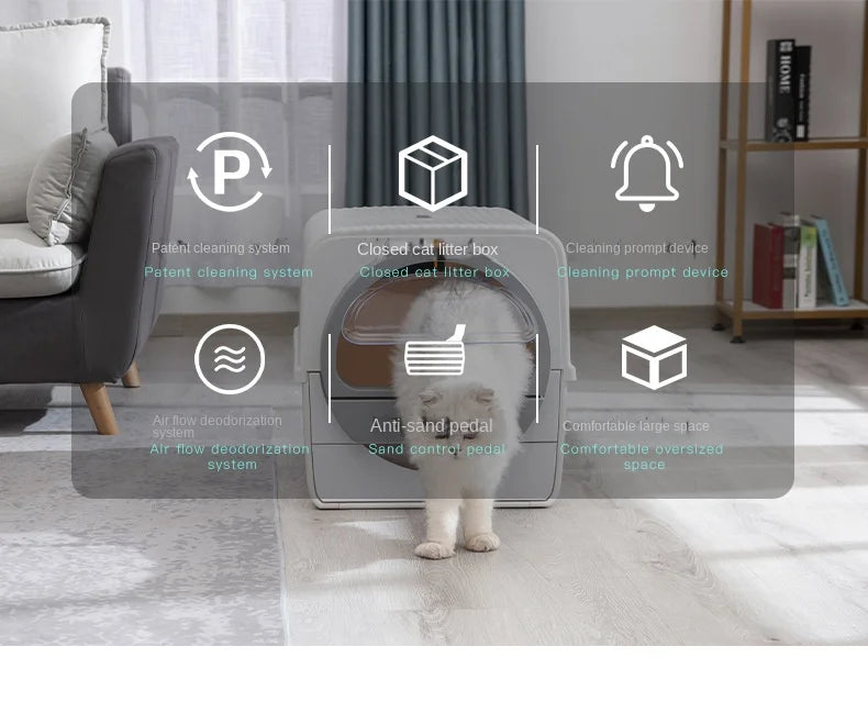 Large Fully Closed Semi-Automatic Cat Litter Box Easy Clean with Durable Plastic Hand-Pulled Shovel Accessory Cat Toilet