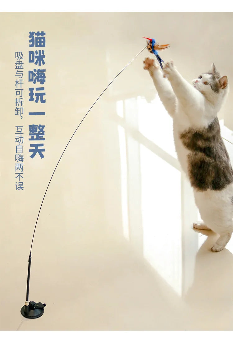 New Handfree Bird/Feather Cat Wand with Bell Powerful Suction Cup Interactive Toys for Cats Kitten Hunting Exercise Pet Products
