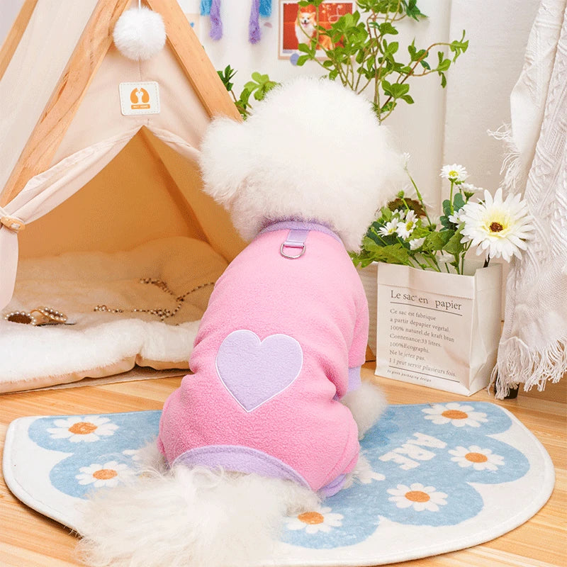 Heart Pattern Dog Pajamas for Small Dogs,Warm Fleece Dog Jumpsuit Yorkie Puppy Onesie 2024 New Autumn Winter Clothes Pet Apparel