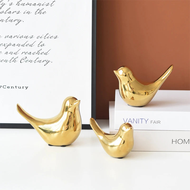 Gold Ceramic Bird Figurines Home Decoration Accessories Golden Bird Figures Fashion Wedding Ornaments Room Decor