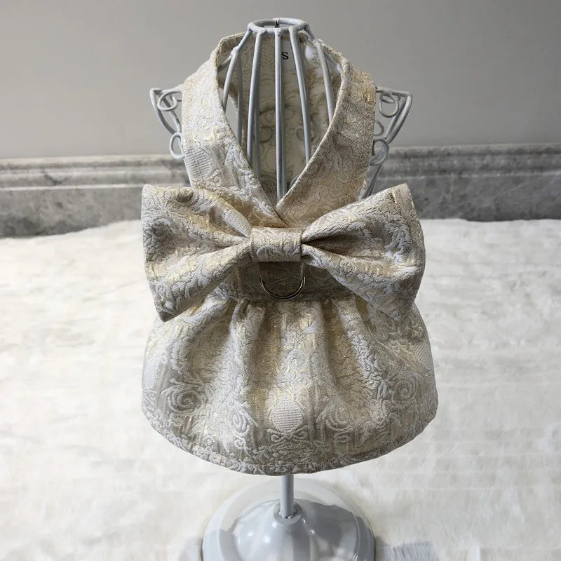 Luxury Embroidery Tulle Dog Dress for Small Medium Dogs Cats, Gold Pet Dress with Bowknot Chihuahua Pomeranian Summer Clothes