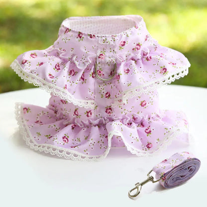 Pink Flower Puppy Harness Mesh Breathable Small Girl Dog Cat Vest Harness Cute Doggy Lace Dress Harness with Leash for Walking