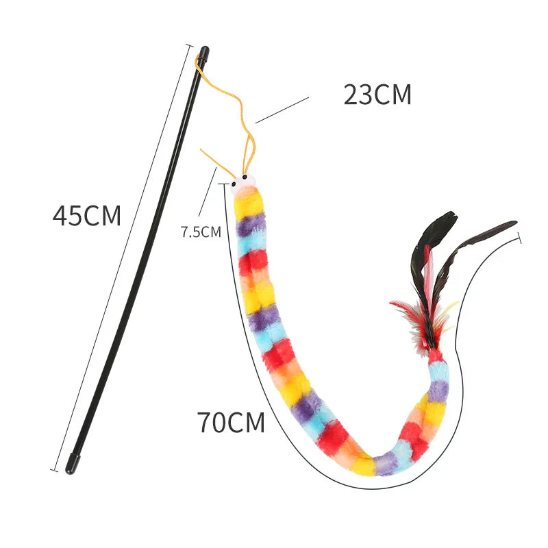 Rainbow Caterpillar Teaser Cat Stick Feather Top Durable Bite Resistant Pet Cat Toy Interactive Lightweight Handle Kitten Tools