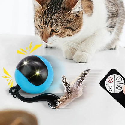 Smart Ball Cat Toy Cat Power Ball with Feather Tails Moving Cat Toy with LED Light and Sound Kitten Exercise Hunting Toys
