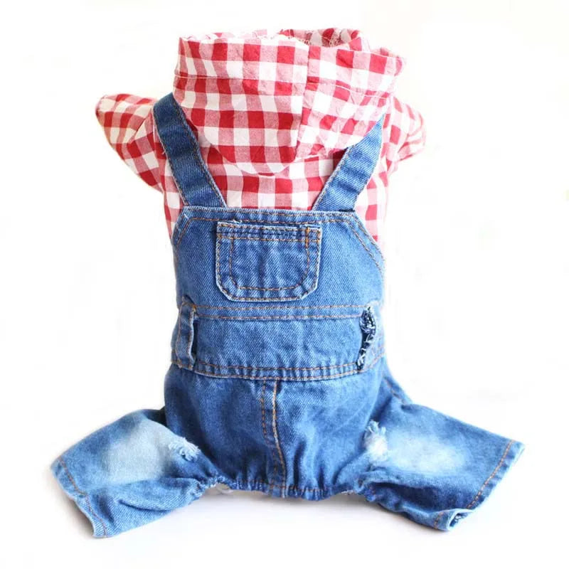 Spring Pet Dog Jumpsuit Denim Overalls for Dogs Plaid Jeans Jacket Pants Suit Onesies Small Dog Clothes Yorkie Chihuahua Apparel