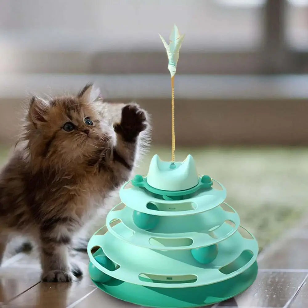 Interactive Tower Cat Toys Turntable Roller Balls Toys For Cats Kitten Feather Teaser Puzzle Track Toy Pets Supplies 4 Layers