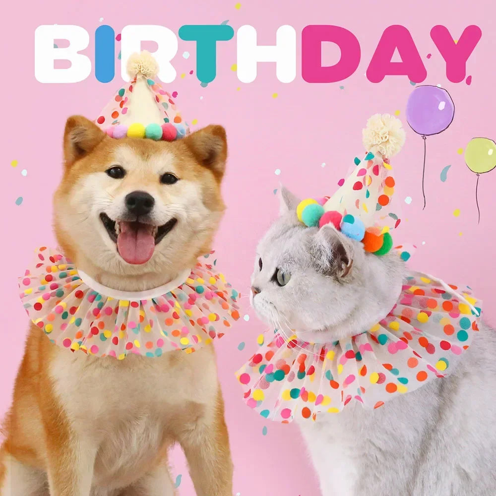 Pet Birthday Accessories Small Dog Cat Birthday Hat with Bandana Collar Pet Birthday Decorations for Kitten Pet Party Outfits