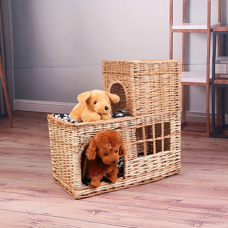 Pet basket willow weaving, willow weaving cute pet nest double-layer pet basket handmade four-season universal kennel cat litter