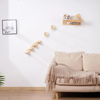 Cat Hammock Set Wall Mounted Cat Climbing Wooden Shelves and Jumping Platform Scratching Post for Cat Playing and Sleeping