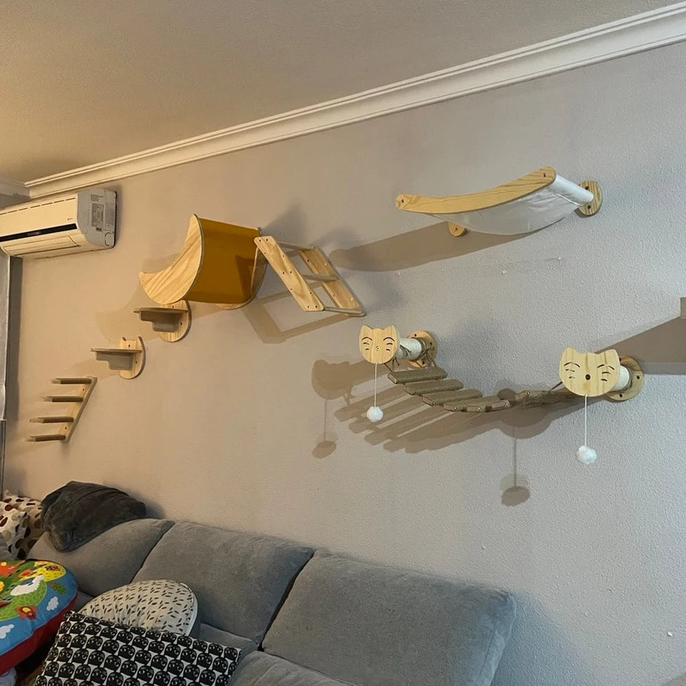 Cat Tree Wall Mounted Cat Climbing Wooden Shelves Cat Hammock and Scratching Post Cat Wall Indoor Furniture for Perch and Rest
