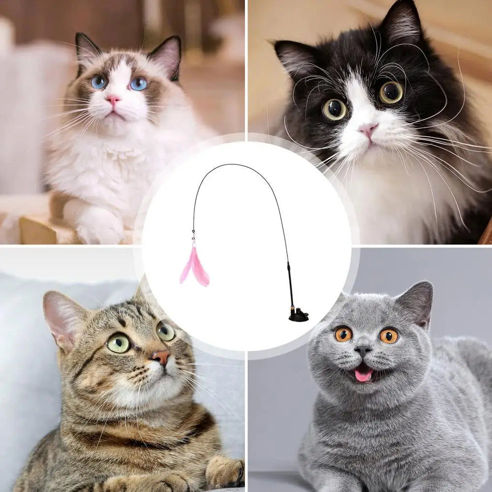 Cat Feather Wand Toy Cat Fishing Pole Toy Cat Teaser Stick With Detachable Feather Suction Cup Toy For Cats Exercise And
