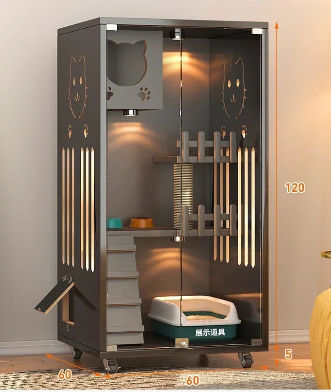 Retro Solid Wood Cat Cage for Living Room Cat House Two-layer One-piece Movable Light Luxury Creative  Cage for Cats