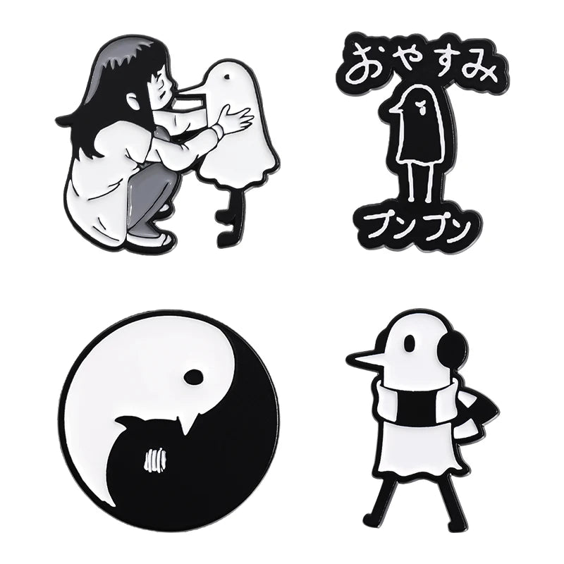 Funny Animal Sets Enamel Pins Cartoon Anime Figure Ghost Spooky Cute Cat Bird Brooches Backpack Lapel Badge Punk Jewelry Gifts