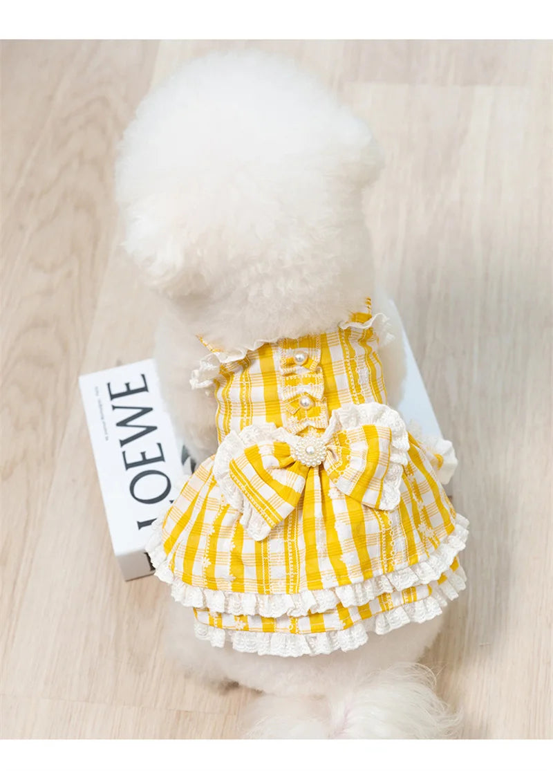 Princess Lattice Dog Fancy Dress Lace Bow Tie Vest Skirt Clothing for Cats Pearl Female Puppy Overalls Lovely Pet Dog Clothes