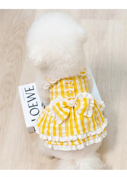 Princess Lattice Dog Fancy Dress Lace Bow Tie Vest Skirt Clothing for Cats Pearl Female Puppy Overalls Lovely Pet Dog Clothes