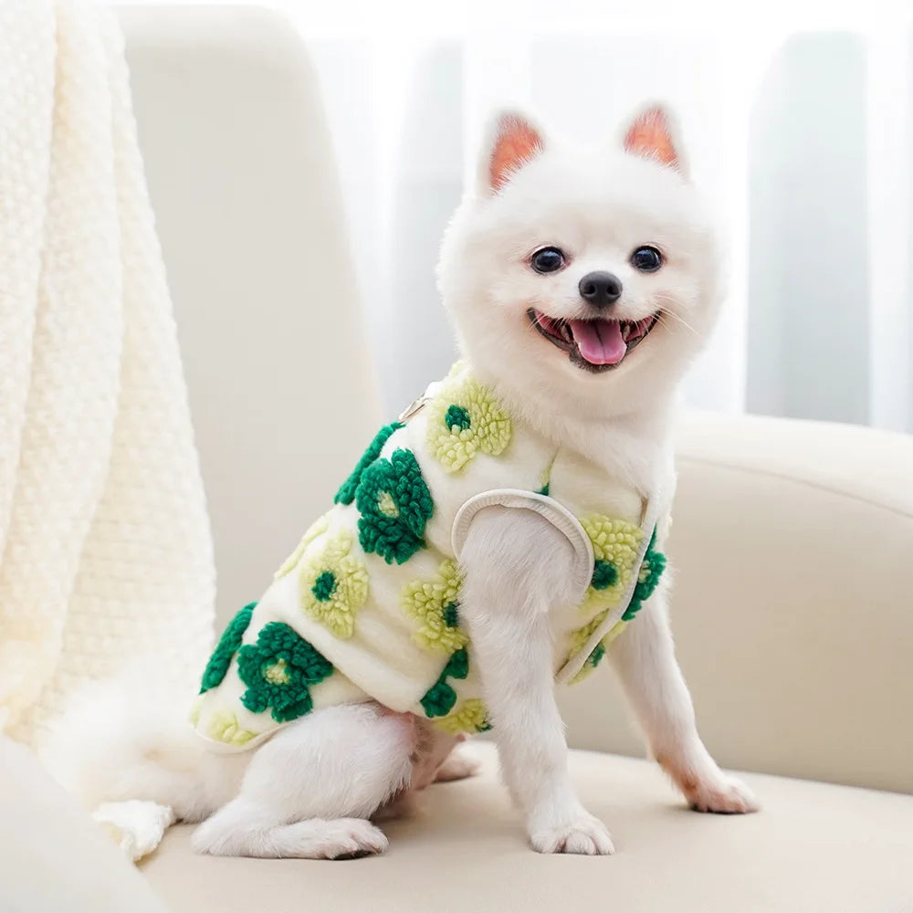 Dog Winter Coat Sherpa Warm Fleece Vest Sweater Flower Patterm Pet Clothes Cold Weather Jacket for Small Medium Dogs Puppy