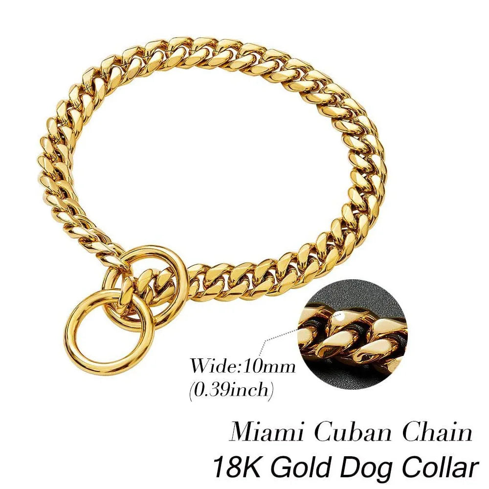 Gold Chain Dog Collar 10mm Fashion Dog Cuban Link Pet Gold Necklace Metal Puppy Jewelry Bulldog P Chain Pet Training Slip Collar