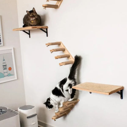 Cat Hammock Set Wall Mounted Cat Climbing Wooden Shelves and Jumping Platform Scratching Post for Cat Playing and Sleeping