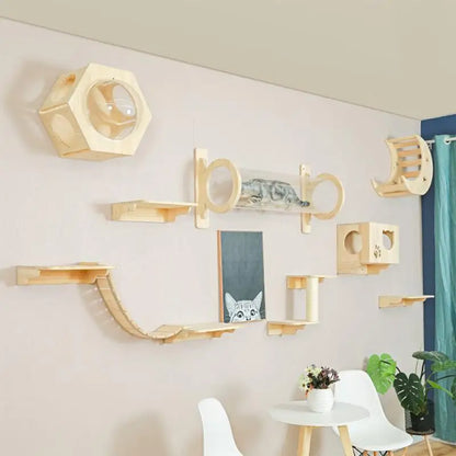 Solid Wood Wall Mounted Cat Tree Double Layered Jumping Platform Ladder Cat Hammock Furniture Cat Climbing Frame