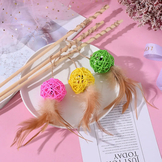 Cat Toy Cat Teaser Sticks Rattan Ball Funny Cat Stick Cat Supplies Funny Cat Ball Toy Interactive Nibbling Cat Rod Feathers