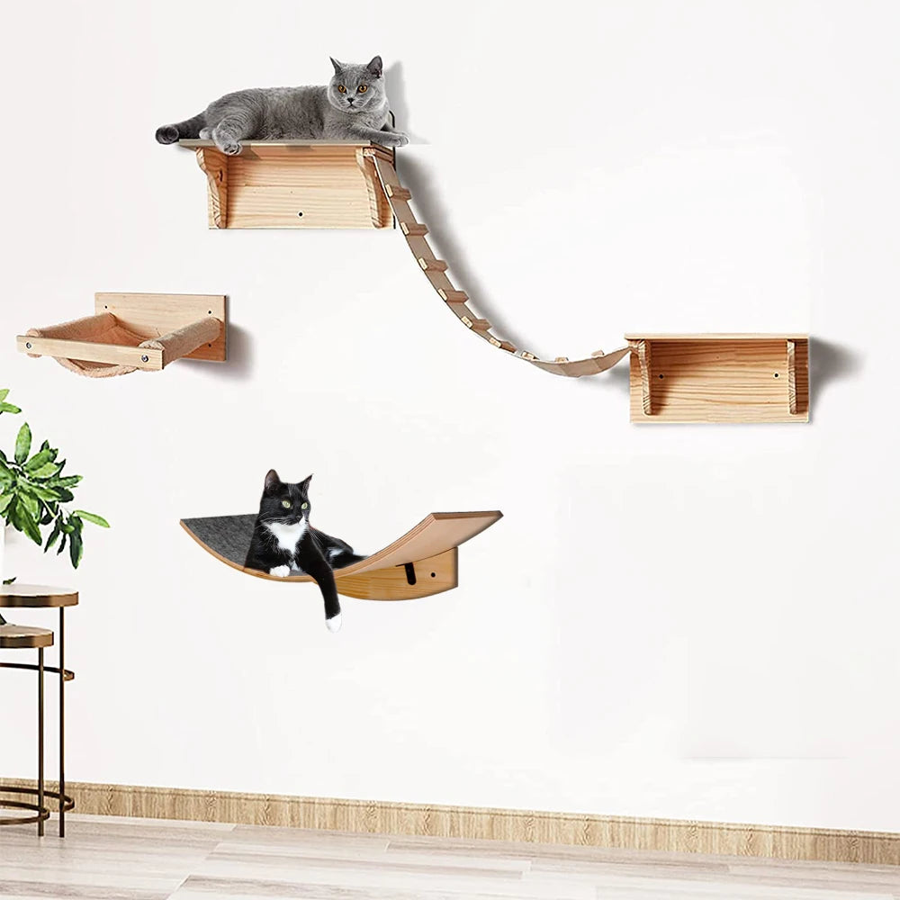 Cat Wall Furniture Cat Hammocks Climbing Shelf and Cat Bridge Wall Mounted Jumping Platform Scratching Post for Most Kitten Cats