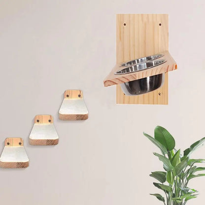 4 Pieces Wooden Wall Mounted Cat Bowl with Small Cat Jumping Pedal for Kitten Climbing and Eating Indoor Pet Furniture