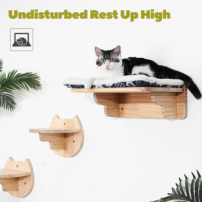 Cat Tree Wall Mounted Climbing Shelves Wooden Hammock with Ladder and Cat Bridge for Cat Perch Sleeping Pet Indoor Playground