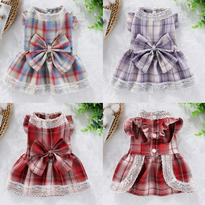 Plaid Dog Dress Bowtie Harness Dress for Small Dogs Cats Girl Cute Lace Trim Princess Dresses Spring Summer Puppy Rabbit Clothes