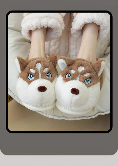 Winter Home Couple Shoes Women's Fluffy Dog Slippers Girl Animal Fur Slides Kawaii Funny Furry Shoes Woman Plush Booties Slipper