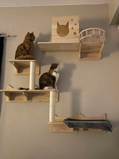 Cats Tree Climbing Shelves Cat Perch Wall-Mounted Wooden Platform For Cats & Kitten Big Steps Scratching Post For Grinding Claws