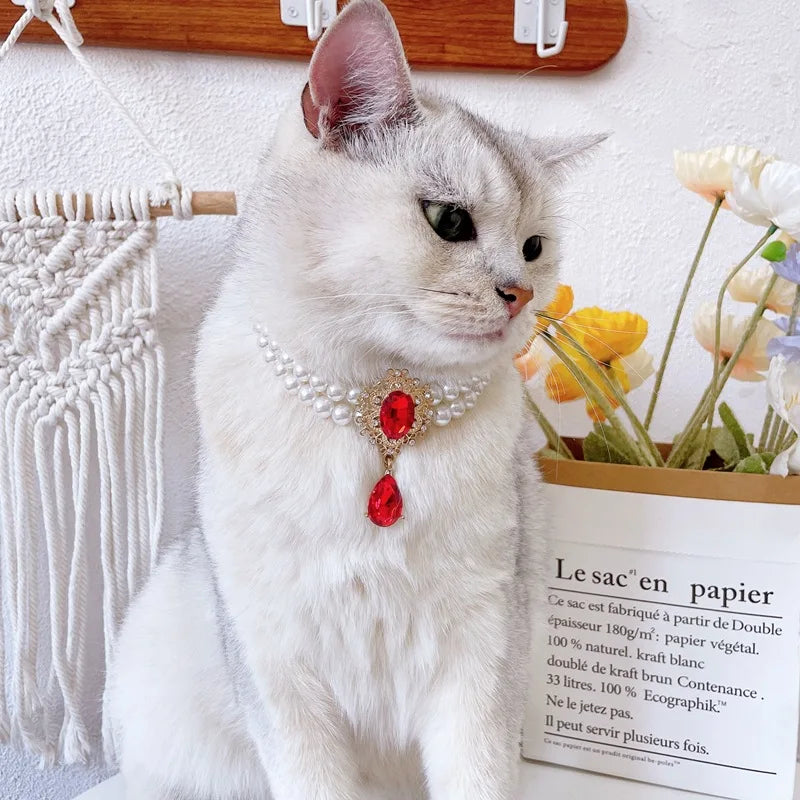 2 Rows Pet Pearls Collar Adjustable Puppy Dog Rhinestone Jewelry Necklaces with Luxury Crystal Accessories for Small Dogs Cats
