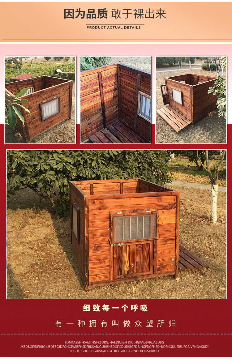 Large new solid wood kennel outdoor waterproof dog house with mat and cold-proof pet dog cage carbonized golden retriever woo