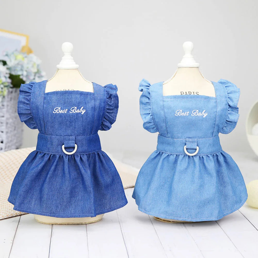 Dog Dress for Small Dogs Girl Clothes Dog Denim Dress Puppy Skirts Summer Pet Dress with Harness Hole for Small Medium Dogs Cats