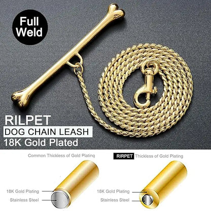 Stainless Steel Cuban Chain Dog Leash for Small Medium Large Dogs, 3ft Strong Chew Proof 18K Gold Dog Rope Chain with Bone Hand
