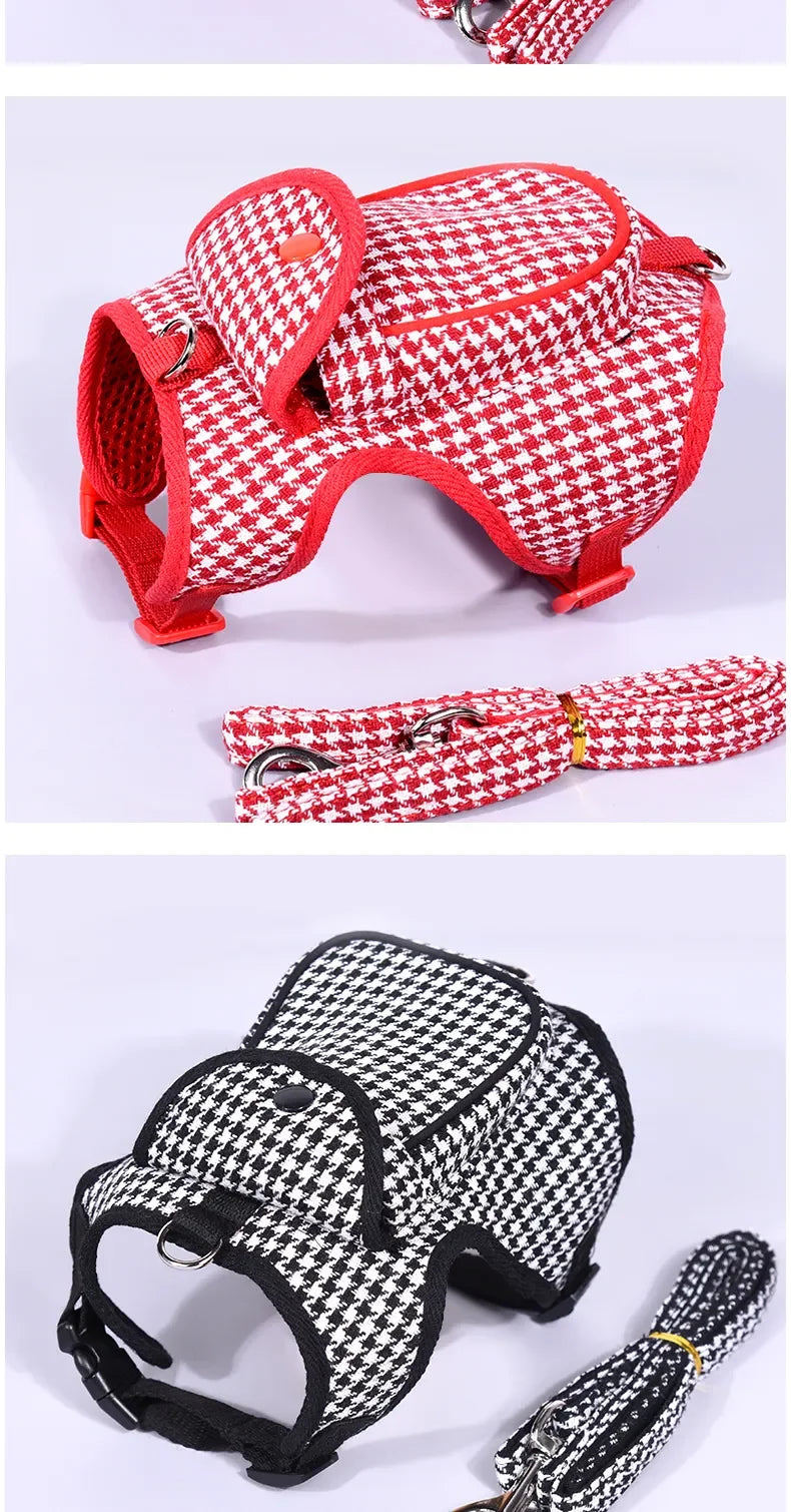 Houndstooth Small Vest PetDog Backpack Harness With Pocket Leash Lead Set Outdoor Pet Collar Walking Puppies Cats Carrier Bags