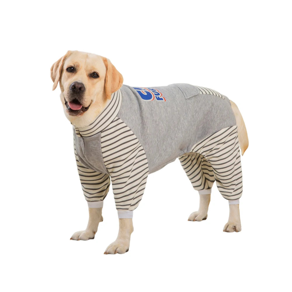 3XL-8XL Large Dog Jumpsuit Turtleneck Warm Plush Lined Dog Pajamas Onesie Stripe Winter Clothes for Large Dogs Pet Pitbull