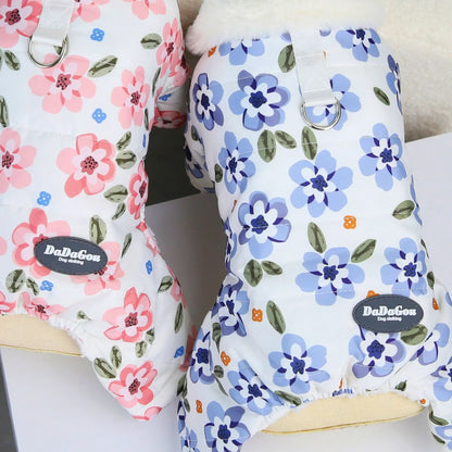 Thicken Warm Padded Dog Jumpsuit for Small Dogs, Chinese Style Floral Pattern Pet Costume Sherpa Lined Dog Winter Clothes