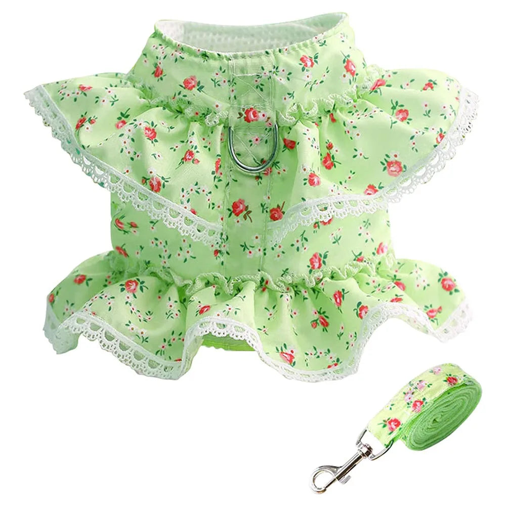 Luxury Flower Girl Dogs Harness and Leash Set No Pull Soft Adjustable Breathable Mesh Cute Floral Puppy Pet Safety Vest Harness