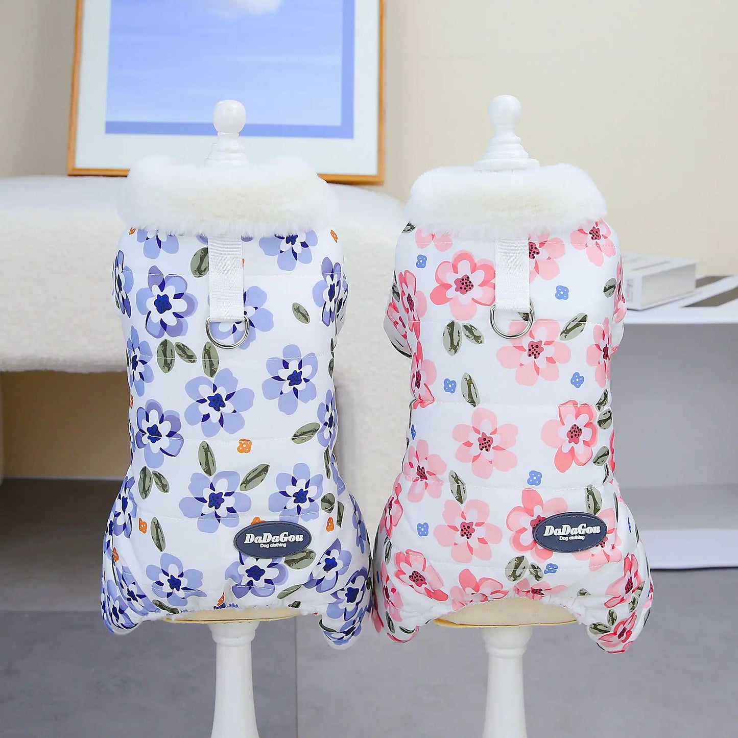 Thicken Warm Padded Dog Jumpsuit for Small Dogs, Chinese Style Floral Pattern Pet Costume Sherpa Lined Dog Winter Clothes