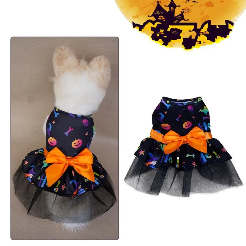 Halloween Dog Costume Funny Dog Clothes Pumpkin Print Pet Dress Chihuahua Bichon Clothing Bow Lace Festival Skirt Cat Dresses