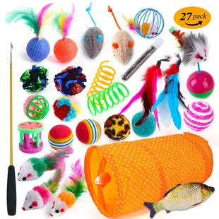 Cross-border new pet cat toy set colorfulfulful feather fishing rod caterpillar bell replaceable head funny cat stick